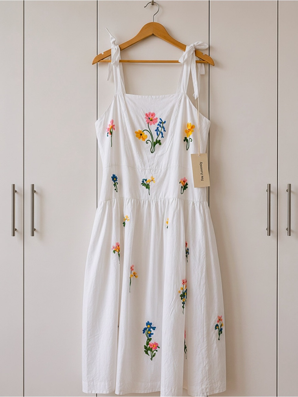 White Embroidered Floral Tie-Shoulder Maxi Dress
